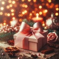 Cozy Composition with Shiny Gift Box, Pink Bow Ribbon, and Bokeh Lights. Generative ai for illustrations