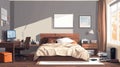 Cozy contemporary bedroom interior with computer and bed Royalty Free Stock Photo