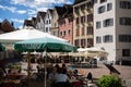 Cozy corner of cafes with tourist sights in Grisons Chur City, Switzerland
