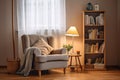 a cozy corner with a comfy armchair, standing lamp, and bookcase Royalty Free Stock Photo