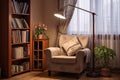 a cozy corner with a comfy armchair, standing lamp, and bookcase Royalty Free Stock Photo