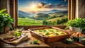 A Cozy Corner of Culinary Delights Homemade Spinach and Cheese Bake Cooling on a Rustic Windowsill Royalty Free Stock Photo