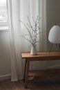 A cozy corner of the living room - a jug with branches, a paper lamp on a wooden bench next to the window Royalty Free Stock Photo