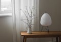 A cozy corner of the living room - a jug with branches, a paper lamp on a wooden bench next to the window Royalty Free Stock Photo