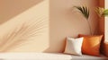 A cozy corner with soft sunlight streaming through a window, illuminating a plush white and orange pillow arrangement Royalty Free Stock Photo