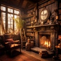 Cozy Corners and Classic Tales: Rustic Library Interior Royalty Free Stock Photo