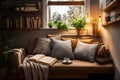 Cozy corners comfortable sofa bed with an open book Royalty Free Stock Photo