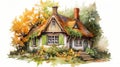 Cozy Cottage Watercolor Painting: Hyperrealistic Pencil Drawing Style