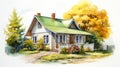Vintage Style Watercolor House Illustration With Hyper-realistic Details