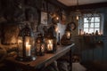 cozy cottage with hearth, lanterns and candles for hygge-inspired setting