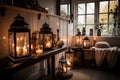 cozy cottage with hearth, lanterns and candles for hygge-inspired setting