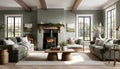 Cozy cottage interior, warm and cozy living room in the English countryside with sage light walls and fluffy gray sofas