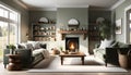 Cozy cottage interior, warm and cozy living room in the English countryside with sage light walls and fluffy gray sofas