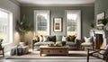 Cozy cottage interior, warm and cozy living room in the English countryside with sage light walls and fluffy gray sofas