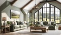 Cozy cottage interior, warm and cozy living room in the English countryside with sage light walls and fluffy gray sofas