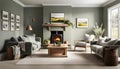 Cozy cottage interior, warm and cozy living room in the English countryside with sage light walls and fluffy gray sofas