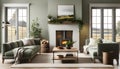 Cozy cottage interior, warm and cozy living room in the English countryside with sage light walls and fluffy gray sofas