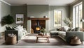 Cozy cottage interior, warm and cozy living room in the English countryside with sage light walls and fluffy gray sofas