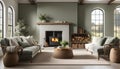 Cozy cottage interior, warm and cozy living room in the English countryside with sage light walls and fluffy gray sofas