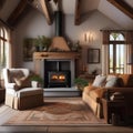 A cozy cottage living room with a roaring fireplace and overstuffed armchairs5