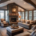 A cozy cottage living room with a stone fireplace and overstuffed sofas2