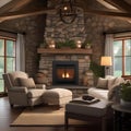 A cozy cottage living room with a stone fireplace and overstuffed sofas4