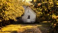 Cozy cottage in orchard with sunlight.