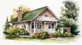 Cozy Cottage Watercolor Painting: Hyperrealistic Pencil Drawing Style