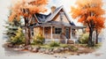 Watercolor Fall House: Realistic And Hyper-detailed Digital Illustration