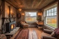 cozy cottage with warm fireplace and a view of the rolling hills Royalty Free Stock Photo