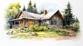 Cozy Cottage Watercolor Painting: Hyperrealistic Pencil Drawing Style