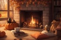 Cozy Cottagecore Scene with Fireplace, Tea, and Autumn Vibes