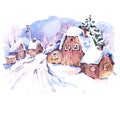 Cozy countryside watercolor winter landscape