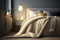 Cozy cream colored woolen blanket on king size bed in bright bedroom Royalty Free Stock Photo