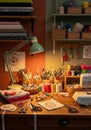 Cozy and creative craft desk with sewing machine and colorful threads Royalty Free Stock Photo