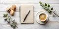 A Cozy Creative Writing Space Inspiring Flat Lay with Eucalyptus Coffee and Writing Essentials Royalty Free Stock Photo
