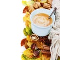 Cozy cup of coffee and autumn leaves Royalty Free Stock Photo