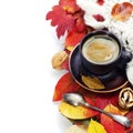 Cozy cup of coffee and autumn leaves Royalty Free Stock Photo
