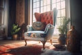 Cozy curved tufted chair near window. Generate Ai