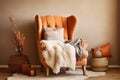 Cozy curved tufted wing armchair with pillows in boho style interior. Studio apartment with natural materials. AI