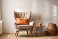 Cozy curved tufted wing armchair with pillows in boho style interior. Studio apartment with natural materials. AI