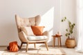 Cozy curved tufted wing armchair with pillows in boho style interior. Studio apartment with natural materials. AI