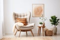 Cozy curved tufted wing armchair with pillows in boho style interior. Studio apartment with natural materials. AI