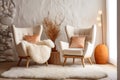 Cozy curved tufted wing armchair with pillows in boho style interior. Studio apartment with natural materials. AI