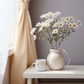 Cozy cute interior scene with flowers in a vase in soft beige colors.AI generation