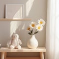 Cozy cute interior scene with flowers in a vase in soft beige colors.AI generation