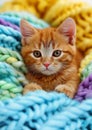 Cozy Cuteness: A Vibrant Orange Kitten Lounging on a Colorful Bl