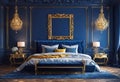 Cozy dark blue bedroom interior with bedside table and table lamp with photo or painting frame mockup,