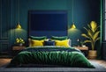 Cozy dark blue bedroom interior with bedside table and table lamp with photo or painting frame mockup,
