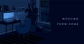Cozy dark night home office vector illustration. Cute interior for working from home. Royalty Free Stock Photo